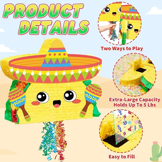 WERNNSAI Large 21" Taco Piñata - Cinco De Mayo Fiesta Theme Taco Piñata with Blindfold and Bat for Mexican Birthday Party Decorations Carnivals Festivals Supplies