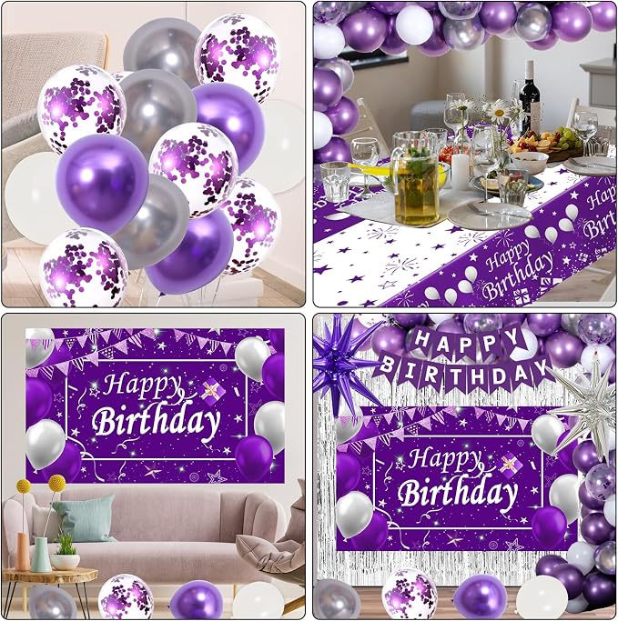 Purple Birthday Decorations for Women Girls, Lavender Purple Silver Party Decorations Kit with Happy Birthday Banner Backdrop Tablecloth Fringe Curtain Balloon Arch