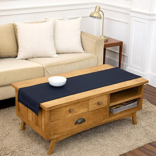 Solino Home Navy Blue Table Runner 60 Inches - Cotton Linen Hemstitch Coffee Table Runner 14 x 60 Inch Ideal for Dresser Tables - Spring, Summer, Mothers Day, Memorial Day