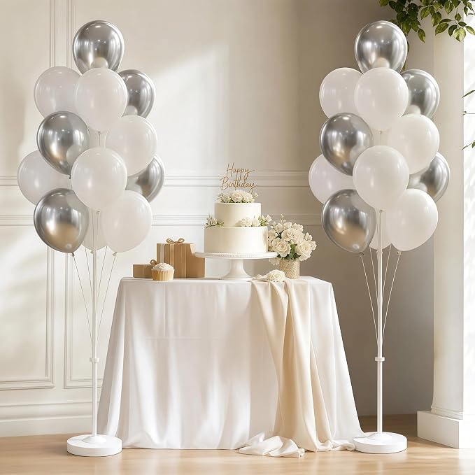 Balloon Column Kit for Floor-Balloon Columns with Stand, Base and Pole,Balloon Tower Backdrop Decoration for Wedding, Baby Shower, Birthday Party, or Bachelorette Parties (Silver White)
