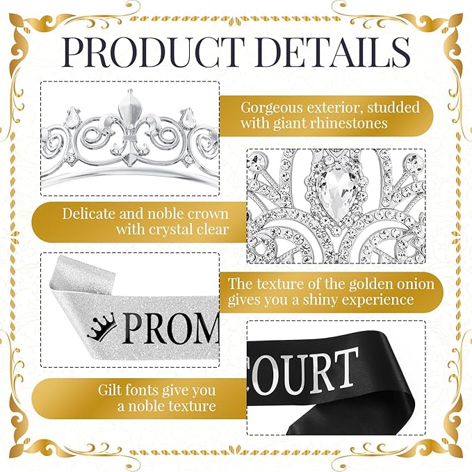 Saintrygo 12 Pcs Prom Crown and Sash Set, Prom King and Queen Tiara Rhinestone Crown Glitter Court Royal Satin Sash for 2026 Graduation Ball Dance Night Party Birthday Accessory(Silver,Stylish)