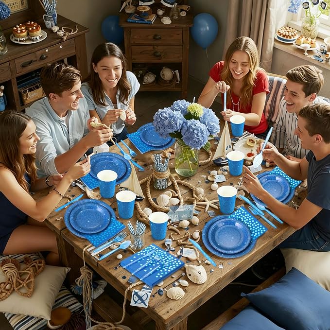 Hushee 175 Pcs 25 Guests Dark Blue Paper Party Plates and Cups Napkins Sets Holographic Glitter Disposable Dinnerware Plastic Forks Knives Spoons Birthday Bachelorette Wedding Party Supplies