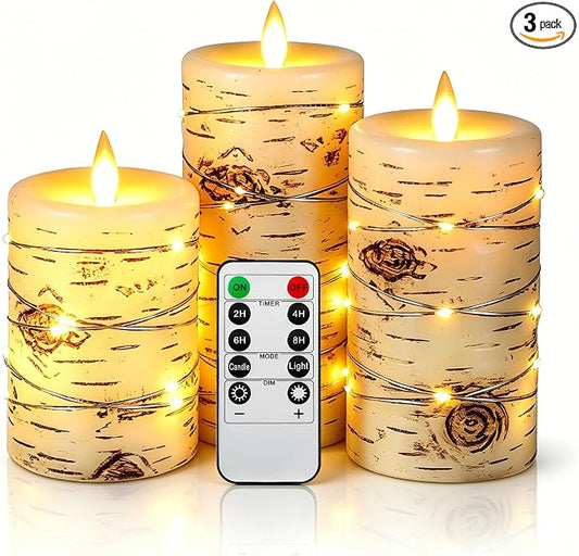 Da by 3 Pack Birch Bark Real Wax Flameless Candles, Flickering LED Taper Candles with Copper String Lights, Battery Operated Candles with Remote for Farmhouse Wedding Home Decor