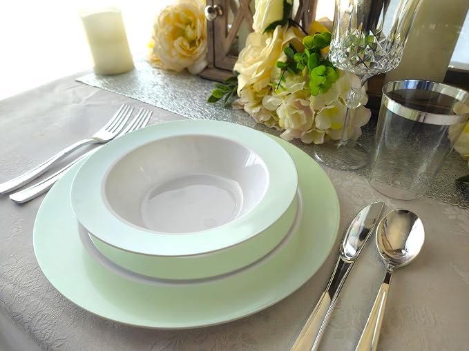 " OCCASIONS " 100 Plates Pack,(50 Guests) Heavyweight Wedding Party Disposable Plastic Plates -50x10.25'' Dinner +50x7.5'' Salad/Dessert (Rio Collection White & Pearled Green)
