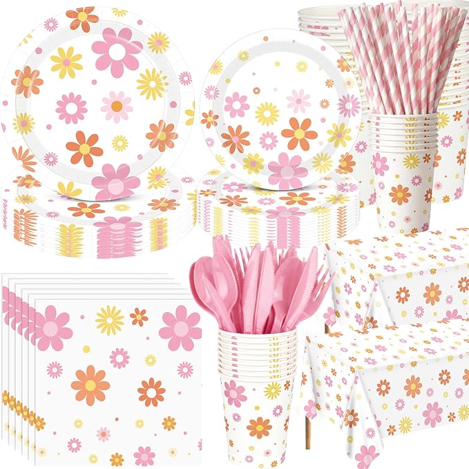 Funnymoom 452 Pcs Groovy Daisy Party Decorations for 50 Guest, Boho Daisy Paper Plates Cups Napkins Tablecloth Cutlery Straws Hippie Tableware Set for Retro Hippie Birthday Baby Shower Party Supplies