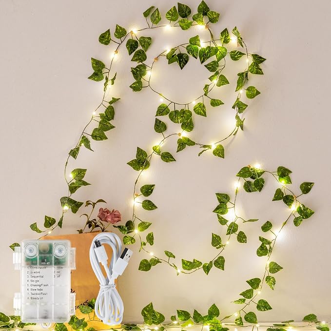 HEYFUNi 23ft Pre-Wrapped Pothos Vine with Fairy Lights USB Battery Operated | 73 LEDs Artificial Greenery Garland with Timer, Leaves Lights for Bedroom, Dorm Room, Wall Decor, Boho Room Decor, Warm White