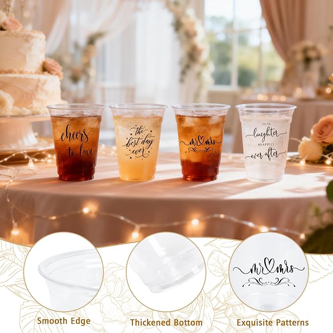 Edussy 200 Pack Disposable Wedding Plastic Cups Decor-4 Pattern 12 oz Mr and Mrs Cups for Wedding Stuff Decorations for Reception Bridal Shower Anniversary Party