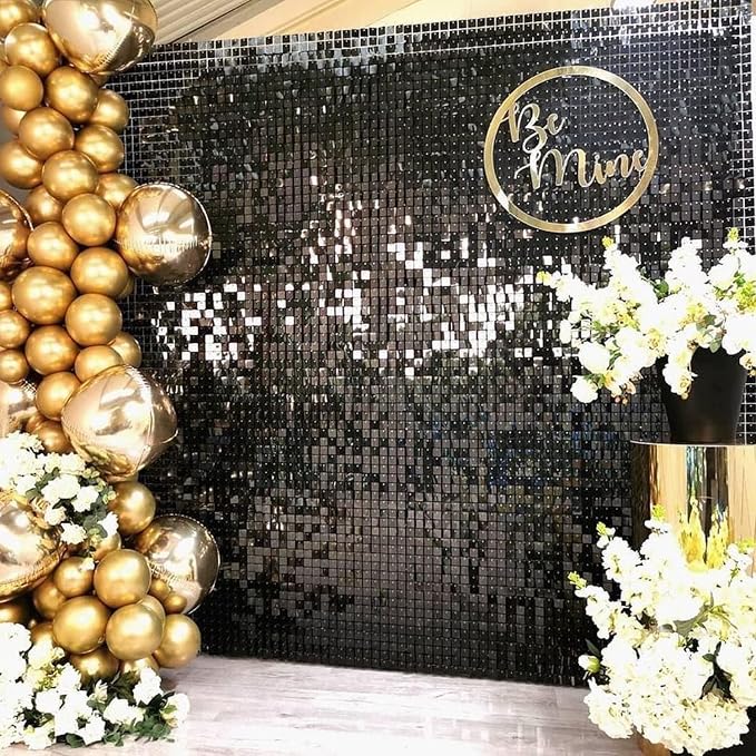COKAOBE Black Shimmer Wall Backdrop, 24PCS Square Sequin Shimmer Backdrop Panel, Photo Backdrops for Birthday, Anniversary, Wedding, Graduation & Bachelorette Party Decoration