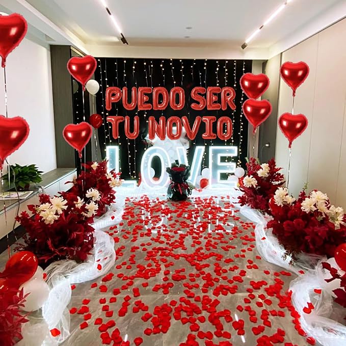 2 Set Red PUEDO SER TU NOVIO Balloons - 1200pcs Red Artificial Rose Petals 30pcs 16" Letter Balloon 10pcs 18" Heart Balloons Alphabet Foil Mylar Balloon for Valentines Day Decorations
