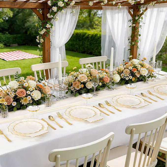 I00000 350 PCS Ivory and Gold Plastic Plates for 50 Guests, Premium Scalloped Disposable Dinnerware Set Include: 100 Disposable Plate, 50 Napkins, 50 Cups, 50 Silverware Set for Party & Wedding