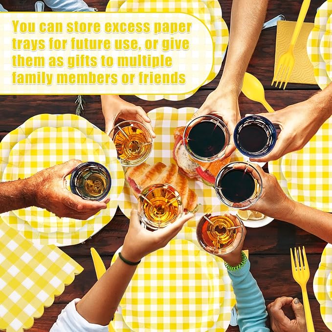 Funnymoom 400 Pcs Gingham Party Supplies for 50 Guests Yellow and White Paper Plates and Napkins Knives Spoon Fork Cup Disposable Checkered Dinner Party Set Cutlery for Baby Shower Wedding Favor