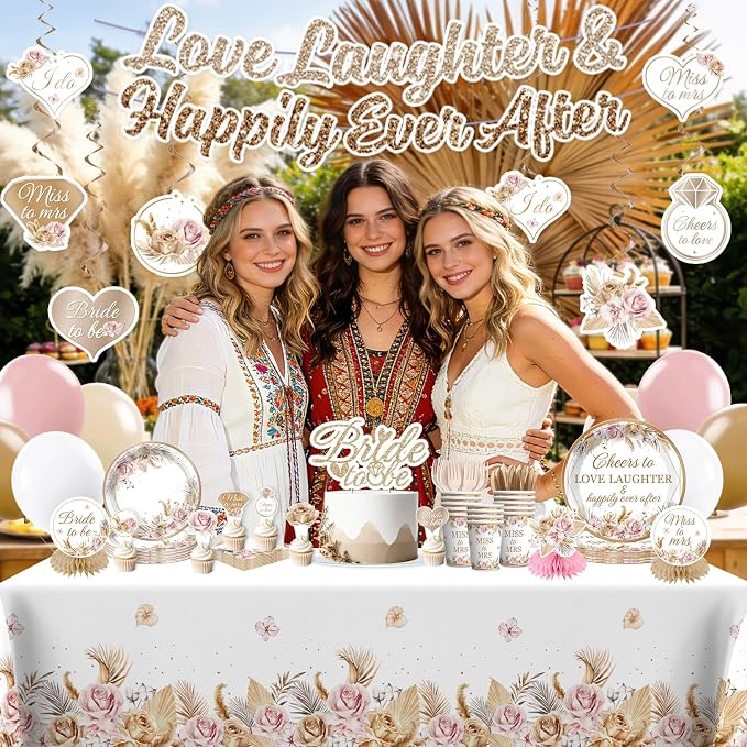 Bridal Shower Decorations, Boho Bride to Be Love Laughter & Happily Ever After Banner Bridal Shower Plates and Napkins With 2 Pcs Tablecloth Cheers to Love Wedding Shower Bachelorette Party Supplies