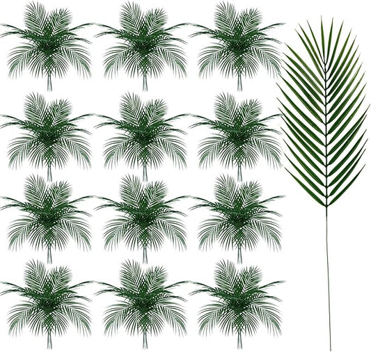 110 Pcs 25 Inch Artificial Palm Leaves Decor Fake Palm Branches Tree Leaves Large Tropical Faux Plants Plastic Fronds for Sunday Vase Tree Jungle Beach Wedding Party Decoration