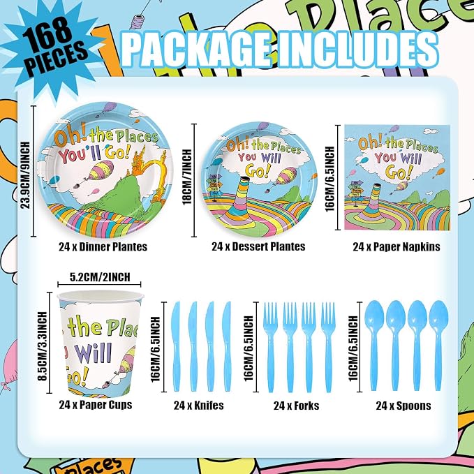 168Pcs Oh the Places You'll Go Party Decoration Kindergarten Graduation Party Tableware Sets Paper Plates Napkins Cups Spoons Knives Forks for 24 Guests