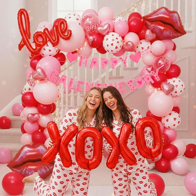 Valentines Day balloon garland arch kit with Banner red Hot pink and love lip heart XOXO balloons for Valentines galentines Day Proposal decorations Hotel Room Surprise