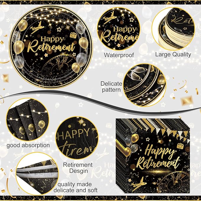 Potchen 452 Pcs Party Supplies Serve 50 Guests, Paper Plates Napkins Cups Cutlery Plastic Tablecloth Dinnerware for Birthday Wedding Party Decoration (Black Gold, Happy Retirement)