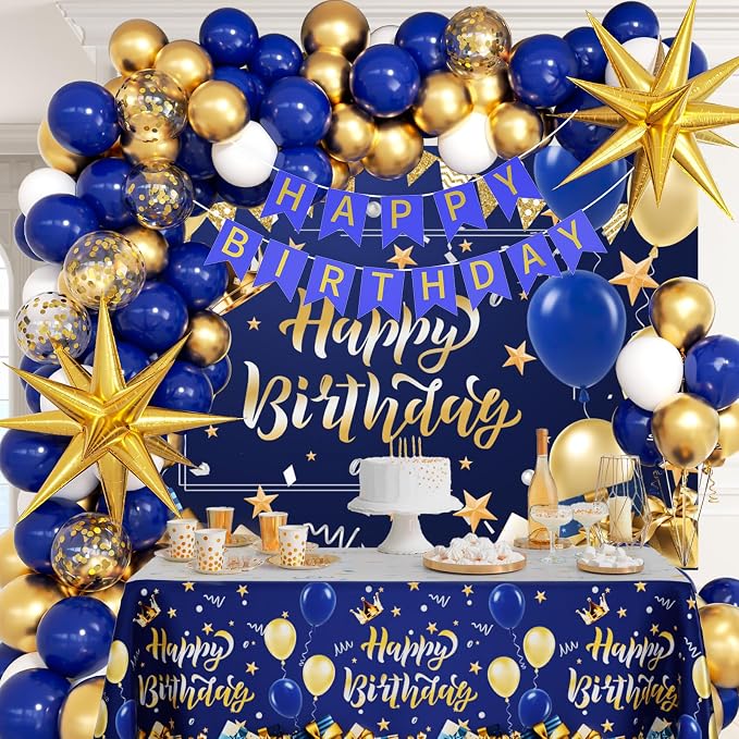 Blue and Gold Birthday Decorations, Blue Gold White Foil Balloons Happy Birthday Banner Blue Tablecloth Backdrop for Happy Birthday Decorations for Men