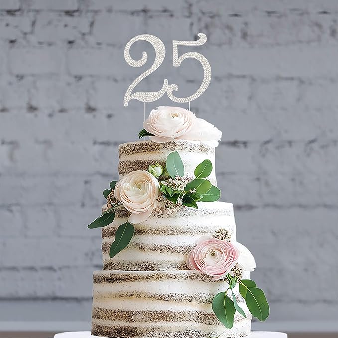 25 Cake Topper - Premium Silver Metal - 25th Birthday or Anniversary Party Sparkly Rhinestone Decoration Makes a Great Centerpiece - Now Protected in a Box