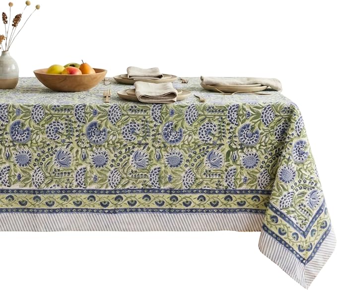 ATOSII Amara Green 100% Cotton Square Fall Tablecloth, Handblock Floral Print Linen Table Cloth for Kitchen Dining I Weddings, Outdoors, Parties, Easter I Fall Decor 60 X 60 Inches I 4 Seater