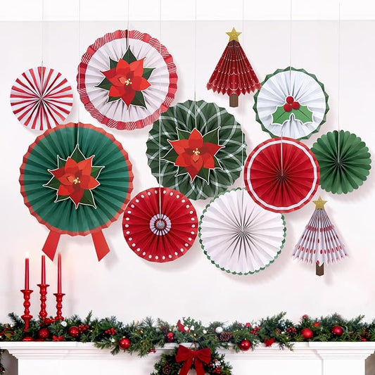 SUNBEAUTY Christmas Hanging Paper Fan Decorations Christmas Poinsettia Flowers Xmas Paper Star Topper Red Green Wall Ceiling Decor for Xmas Holiday Party Home Backdrop（Red）