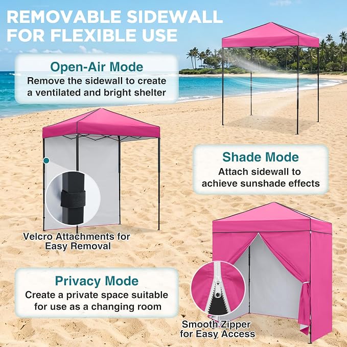 EAGLE PEAK 6x4 Instant Pop Up Canopy Tent with 4 Side Wall Panels, Straight Leg Sun Shelter, Portable Canopy with Carry Bag for Camping, Beach & Sports, Pink