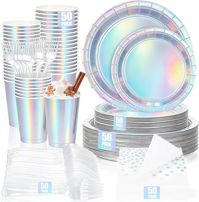 250Pcs Iridescent Plates and Napkins Party Supplies Set for 50 Guests, Disposable 9’’ and 7'' Holographic Silver Paper Plates ,Cups, Forks, Napkins Tableware for Mermaid, Birthday Party Decorations