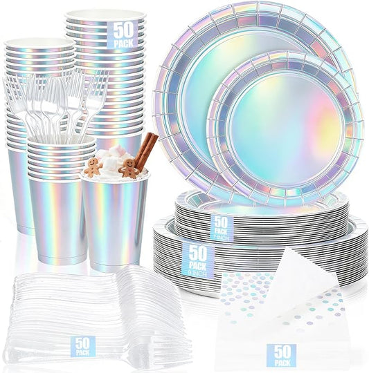 250Pcs Iridescent Plates and Napkins Party Supplies Set for 50 Guests, Disposable 9’’ and 7'' Holographic Silver Paper Plates ,Cups, Forks, Napkins Tableware for Mermaid, Birthday Party Decorations