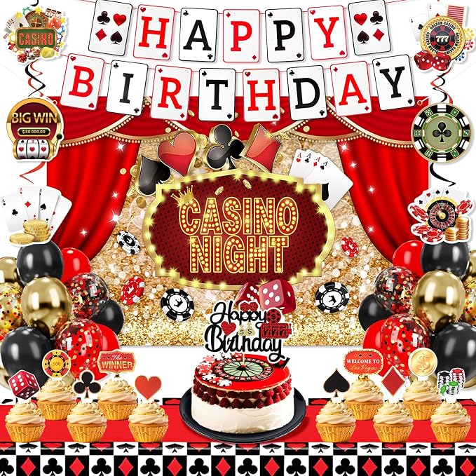 Casino Birthday Decorations - Casino Theme Birthday Backdrop, Banner, Hanging Swir, Latex & Foil Balloons, Cake & Cupcake Toppers for Poker Party Decorations