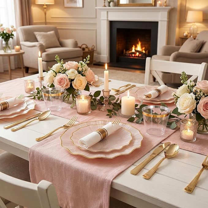 U-QE 175PCS Pink Gold Plastic Plates - Disposable Dinnerware Set for 50 Guests - Pink and Gold Plates and Napkins Party Supplies include 50 Plates, 25 Per Rolled Napkins with Gold Cutlery, 25 Cups