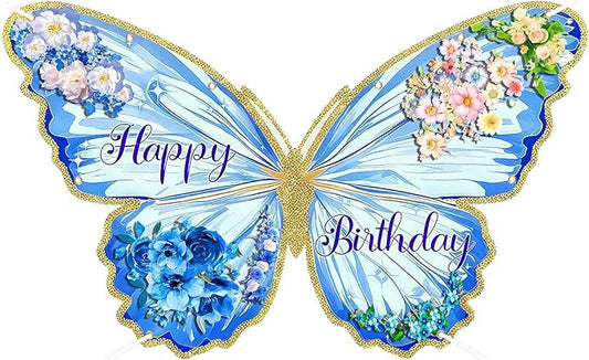Blue Butterfly Happy Birthday Banner, 70.86 × 43.3Inch Happy Birthday Banner for Women, Party Decorations for Girls (Blue Butterfly)