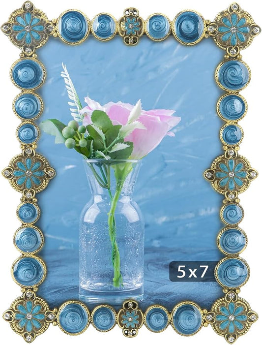 5x7 Vintage Picture Frame Decor Ornate Antique Blue Photo Frames with Glass Front, Art Decor Tabletop Display, Gifts Ideas for Women, Horizontally & Vertically
