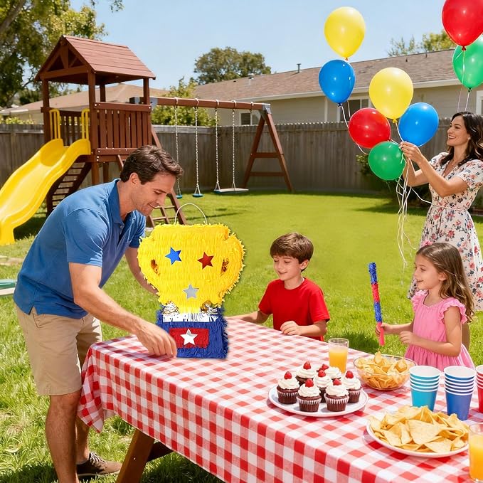 Gold Trophy Pinatas Bundle with a Blindfold and a Bat (Small Size 15.5 x 13 x 4 Inches), Perfect for Sport Team School Event Parties, Champion Award Ceremony Party Decorations Games