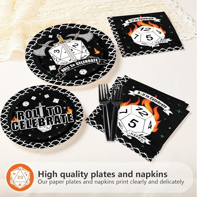 96Pcs D20 Dice Party Supplies Dungeons Theme Game Dragons Dice Plates and Napkins Roll to Celebrate Tableware Set for Men Boy Husband D20 Role-Playing 20th Birthday Game Party Decor Serve 24