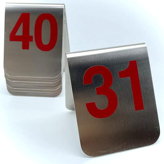 10 Pcs Metal Place Cards Stackable Tent Style Table Numbers，Place Card Holders for Celebration Wedding Party Restaurants Cafes Bars Gatherings meeting Room Board Game Serial (Medium 31-40, Red)