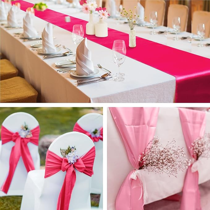 Aneco 4 Pack Satin Table Runner 12 x 108 Inch Gradient Hot Pink Colors Long Wedding Satin Silk Table Runner for Wedding Banquet Graduations Birthday Party Decoration