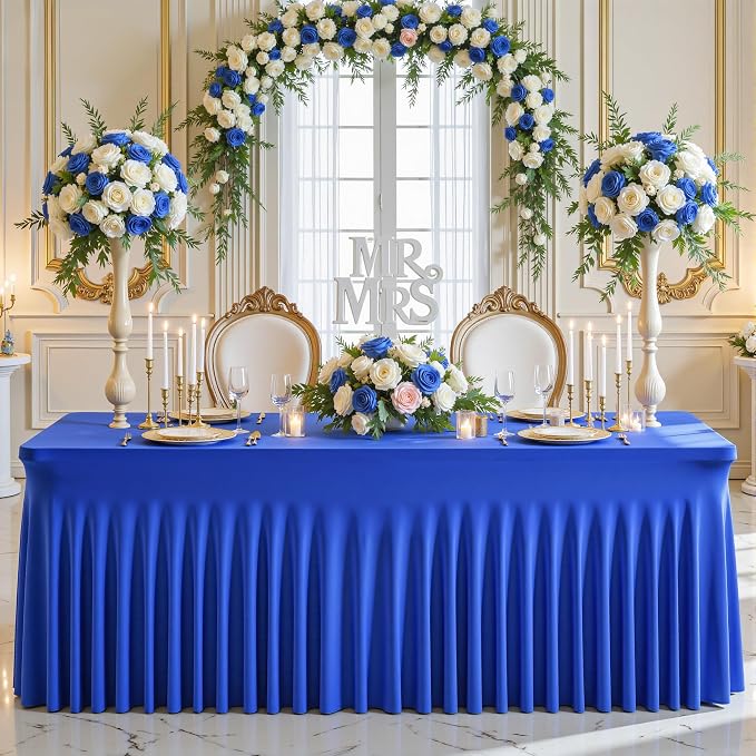 Wish Care 6 Pack Royal Blue Spandex Table Clothes for 8 Foot Rectangle Tables, 8FT Wrinkle Free Fitted Tablecloths Ruffles Design Table Cloth for Party, Banquet, Wedding and Events