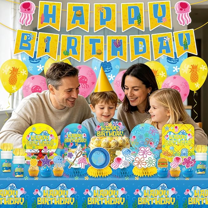 Ocean Themed Birthday Party Decorations 132pcs Under the Sea Birthday Supplies Include Banner Plates Napkins Cups Forks Tablecloths Balloons Cake Toppers and Honeycomb Centerpieces for Party Decor