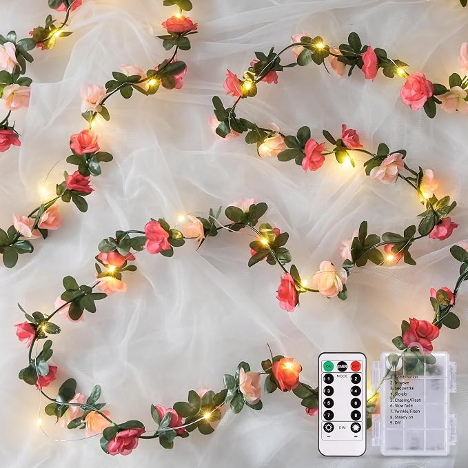 JMEXSUSS Rose Pink Flower Lights, 48 LED 15.75 FT Artificial Rose Vine Lights Battery Operated, Hanging Flower Vines Floral Garland Decorations for Indoor Bedroom Table Wedding Decor(Warm White)