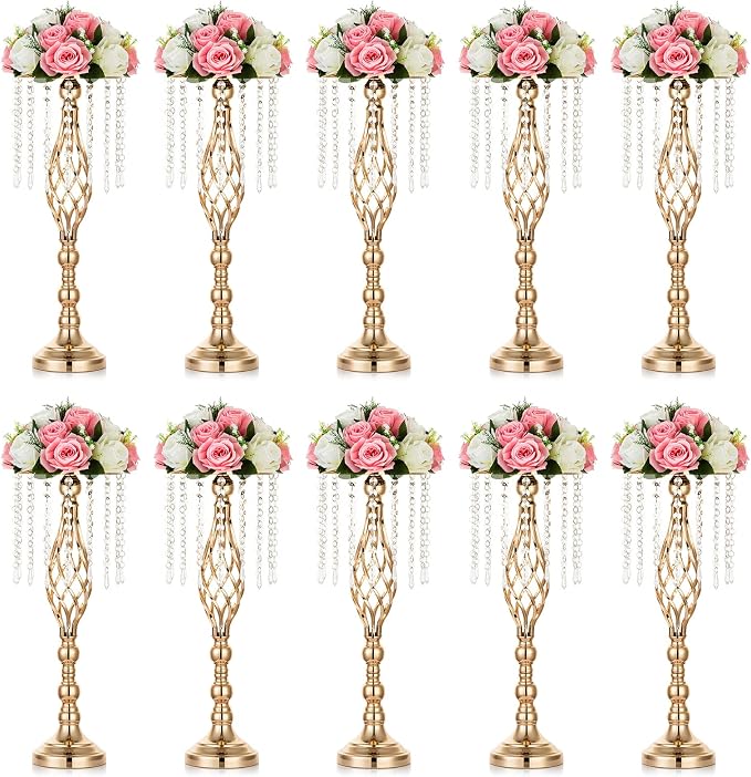 Nuptio 10 Pcs Crystal Flower Stand Wedding Centerpieces for Tables, 21.7in/55cm Tall Elegant Metal Flower Arrangement Stand, Tabletop Metal Flower Vase for Wedding Party Dinner Event Hotel Home Decor