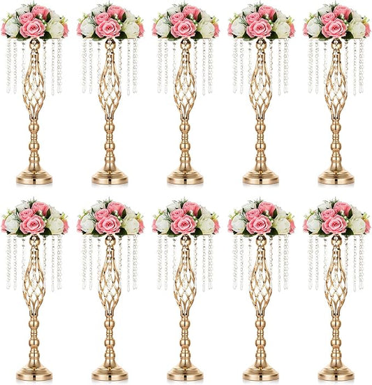 Nuptio 10 Pcs Crystal Flower Stand Wedding Centerpieces for Tables, 21.7in/55cm Tall Elegant Metal Flower Arrangement Stand, Tabletop Metal Flower Vase for Wedding Party Dinner Event Hotel Home Decor