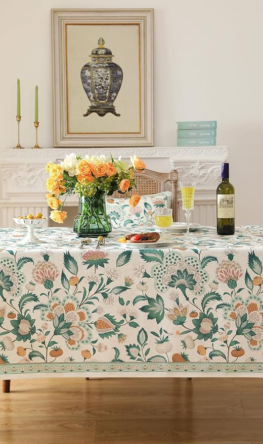 patdrea Vintage French Linen Tablecloth,Rectangular,87"x55"-Tree Life | Elegant Colorful Table Cloth for Rectangle Table,Green Floral Patterned,for Dining Room Tea Party Thanksgiving,Durable
