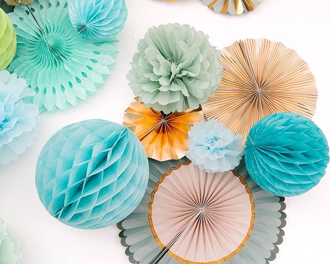 PapaKit 26pc Deluxe Large Sage Green & Gold Party Decoration Set - Premium Paper Fans, Honeycomb Balls & Pom Poms Backdrop - Party Wall Decor for Baby Shower, Wedding, Birthday, & Bridal Shower