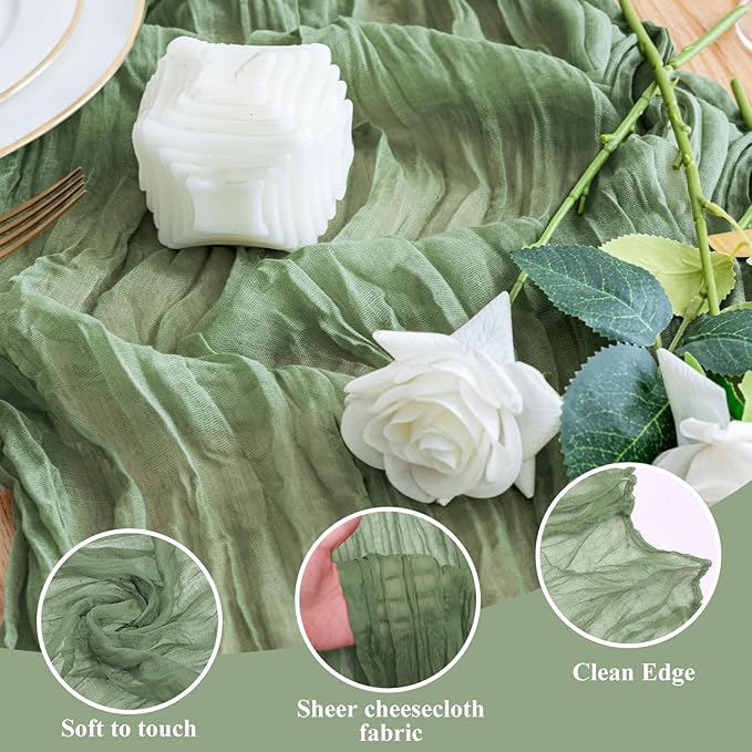 Wokceer Cheesecloth Table Runner 4Pack 10FT Sage Green Christmas Gauze Fall Cheese Cloth Table Runner for Party Easter Rustic Sheer Table Runners for Baby Bridal Shower Wedding