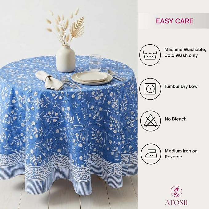 ATOSII Maya Blue 100% Cotton Round Boho Fall Tablecloth, Handblock Floral Table Cloth Linen for Kitchen Dining I Parties Weddings Outdoors Picnics Easter Mothers Day I 60" Inches Round I 4 Seater