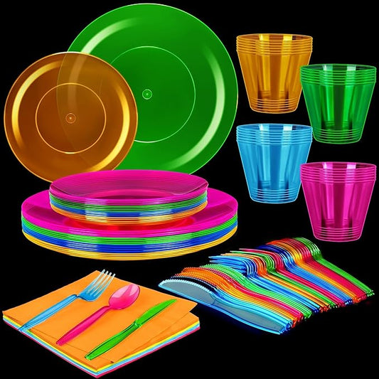 Kochorie 168 PCS Neon Party Supplies Serves 24 Including 7.5 & 10.25 In Disposable Plastic Neon Plates 9 Oz Cups Cutlery Napkins Tableware Set Dessert Cake Plates for Blacklight Party Birthday
