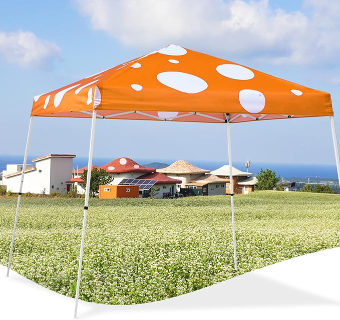 EAGLE PEAK 10x10 Slant Leg Pop-up Canopy Tent Easy One Person Setup Instant Outdoor Beach Canopy Folding Portable Sports Shelter 10x10 Base 8x8 Top (Orange Mushroom)