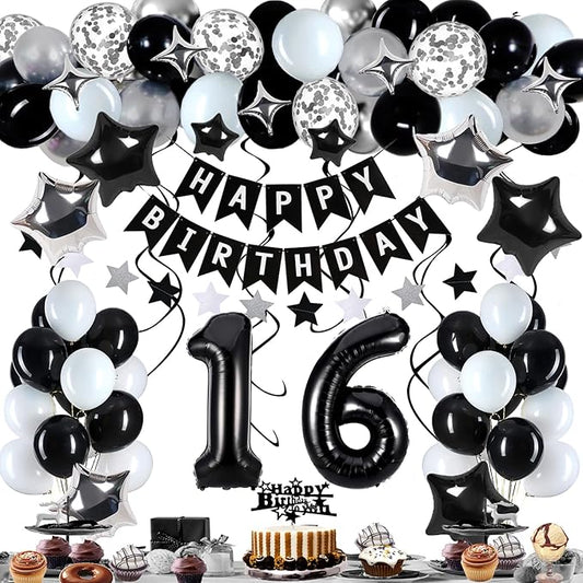 16th Birthday Decorations for Boy Girl, Black White and Silver Happy 16 Party Decor Set with 16 Number Foil Balloons, Banner, Cake Topper for Him Her