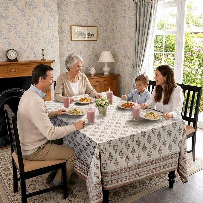 Ridhi Block Print Quiet Earth Rectangle Cotton Tablecloth 108" x 70" Reusable Table Cover Decorative Everyday Use for Dining, Farmhouse, Home Gift for Spring, Easter, Valentine