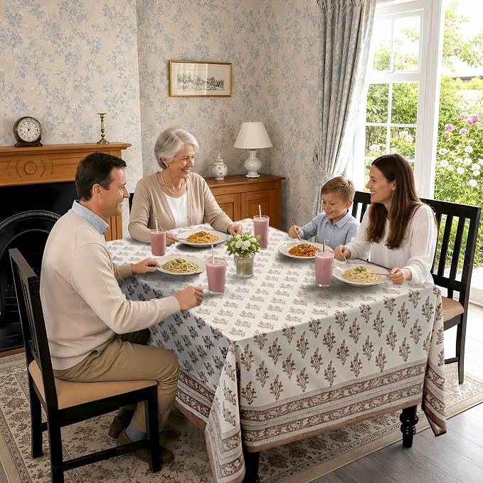 Ridhi Block Print Quiet Earth Rectangle Cotton Tablecloth 160" x 72" Reusable Table Cover Decorative Everyday Use for Dining, Farmhouse, Home Gift for Spring, Easter, Valentine