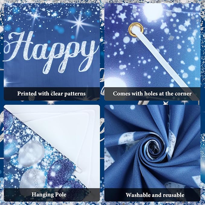 Blue Happy Anniversary Decorations for Men Women - Silver Banner Backdrop, Hanging Swirls, Porch Sign, Navy Balloons - Party Decor for Wedding Anniversary Supplies